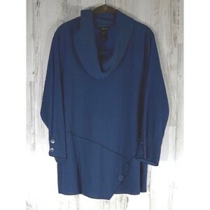 Ali Miles Tunic Size Large Blue Cowl Neck Asymmetric Hem Crinkle Lightweight